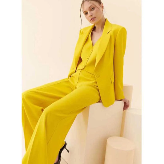Classy New in Yellow Suits for Women 3 Pieces Jacket Vest Pants Female Clothing Slim Fit Office Banquet Lady's Blazers Sets