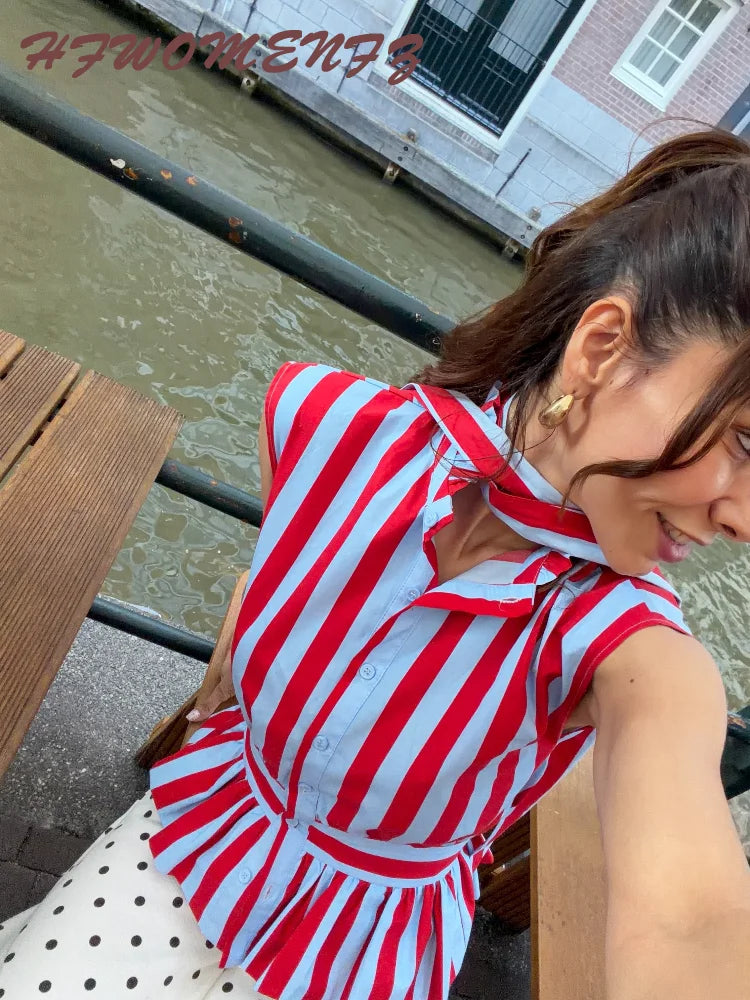 Beach Striped Print Sleeveless Backless Top for Women