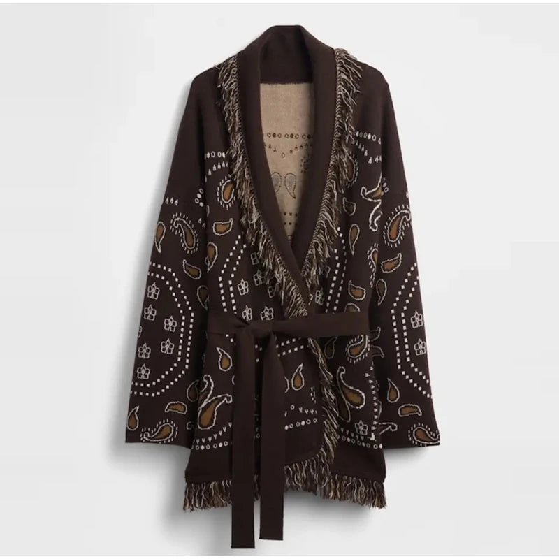 Vintage Patchwork Lace Up Long Sleeve Cardigan For Women