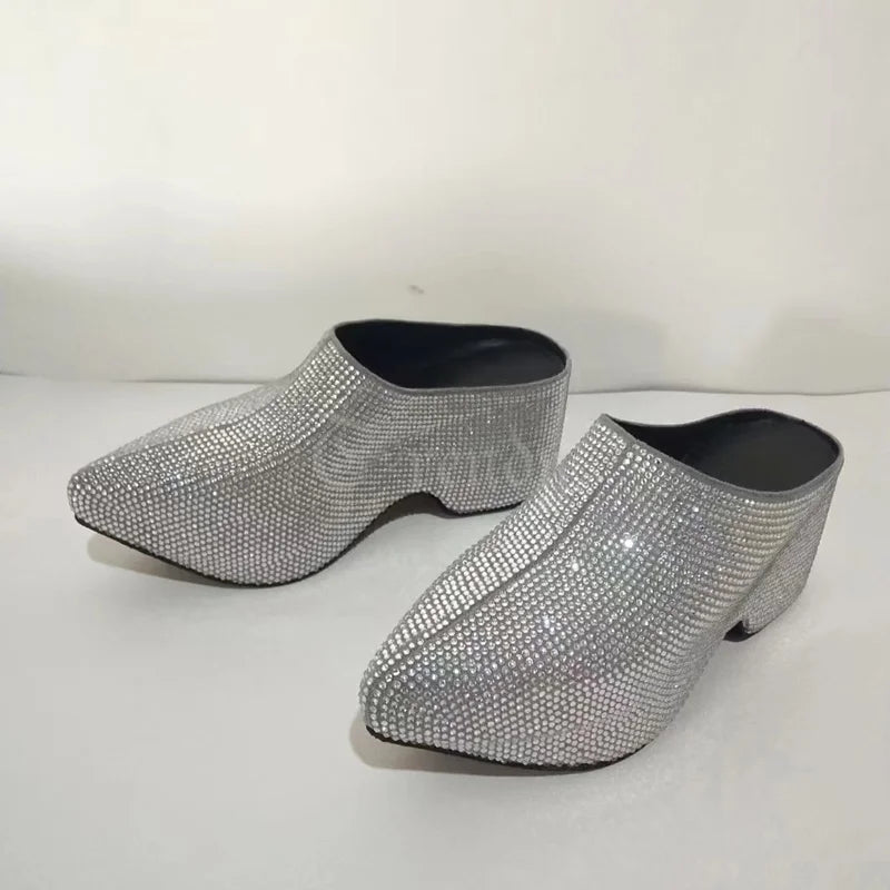 Black Mirror Leather Pointed Toe Crystal Slingback Mules For Women