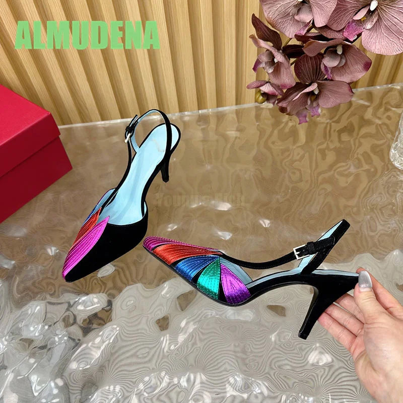 Pointed Toe High Heel Woven Color Block Sandals for Women