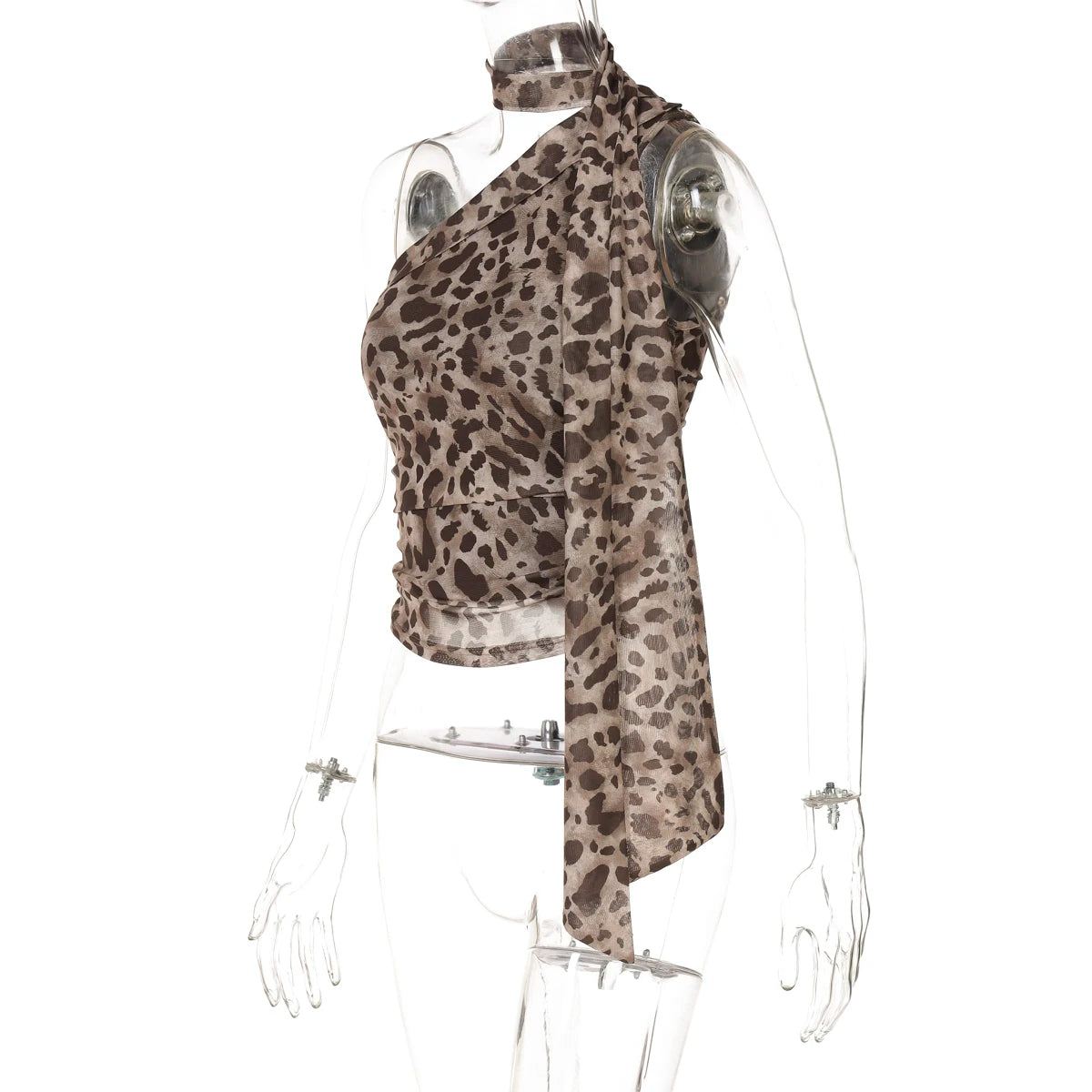 Leopard Print One Shoulder Slim Crop Tank Top for Women