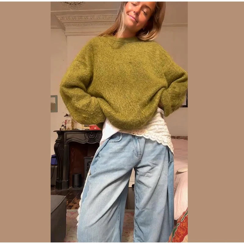 Green Women's Knit Hoodie Coat Full Sleeve Front Pocket  Casual Sweater Top 2025 Early Autumn Loose Female Knitwear Outerwear