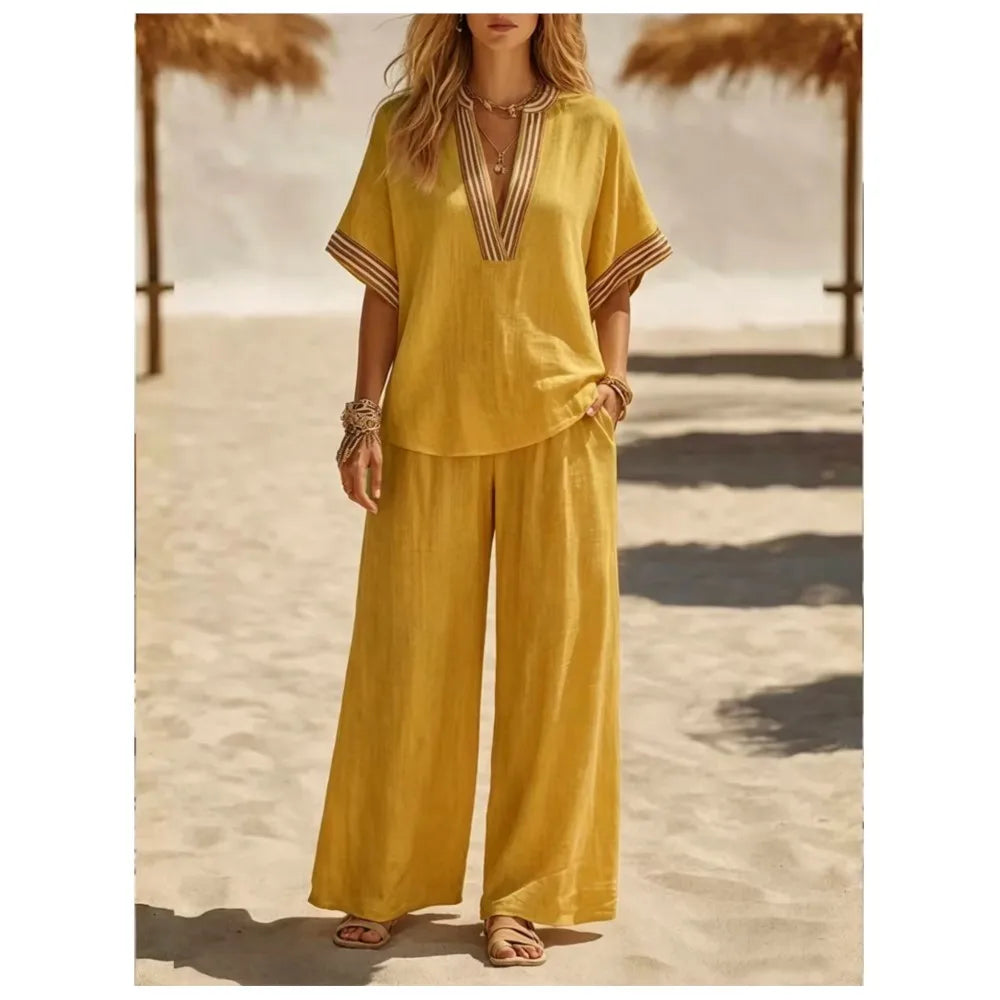 Striped V Neck Short Sleeve Two Piece Set for Women