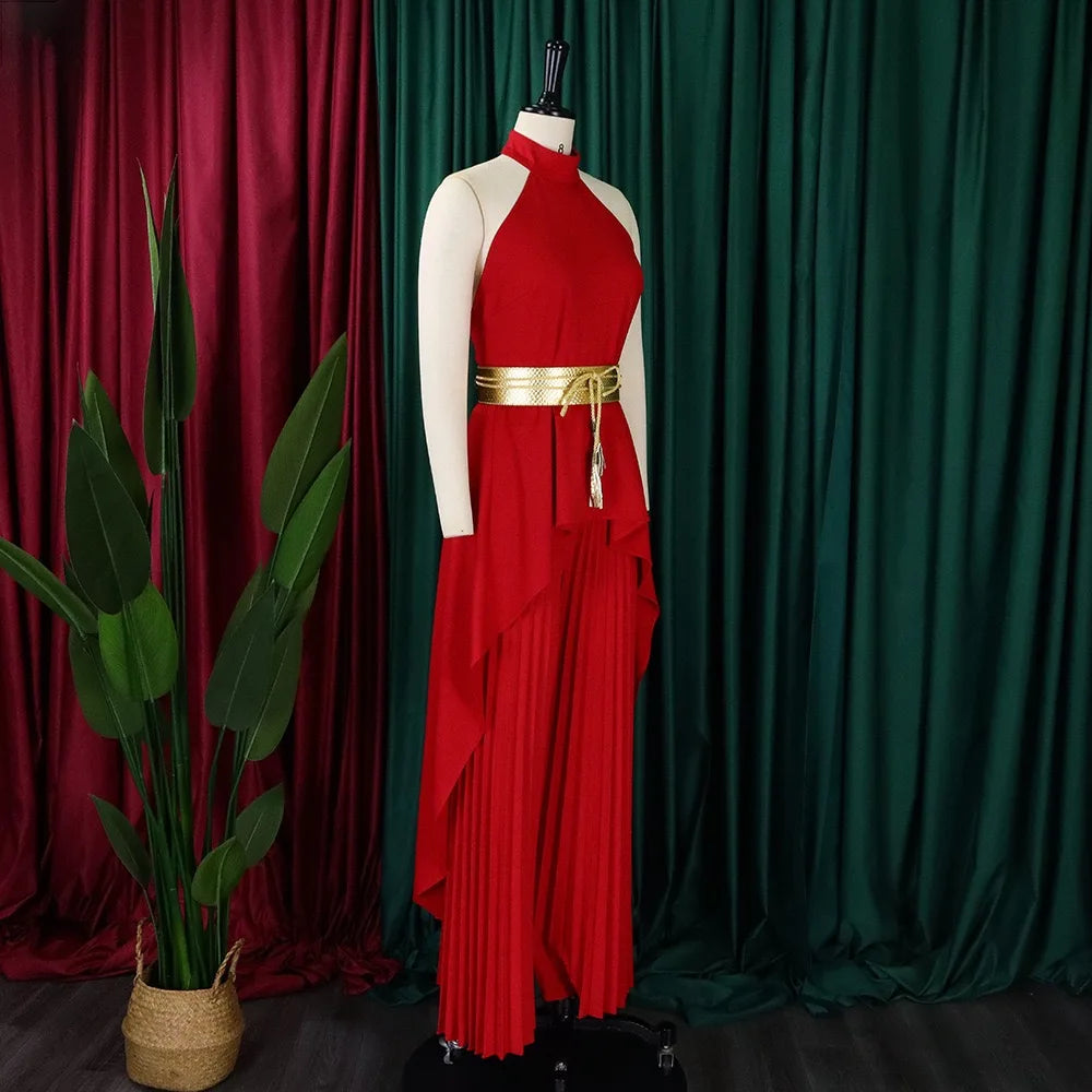 2 Pieces Pants Sets Womens Outfits Blouse Extra Long Sleeveless Backless Belt Waisted & Wide Leg Pants Pleated Floor Length Sets