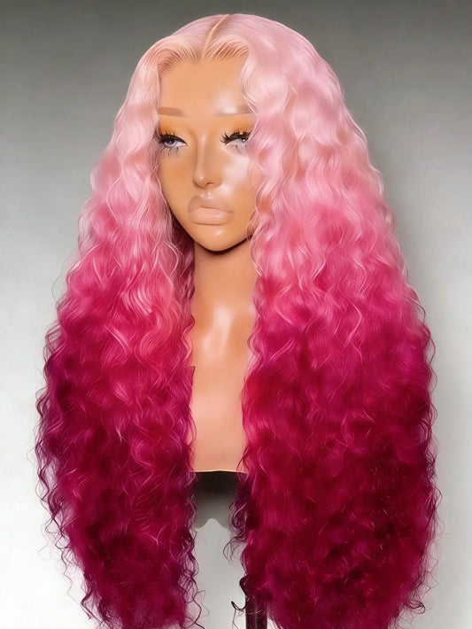 Gradient Pink Curly Glueless Lace Frontal Wig for Women