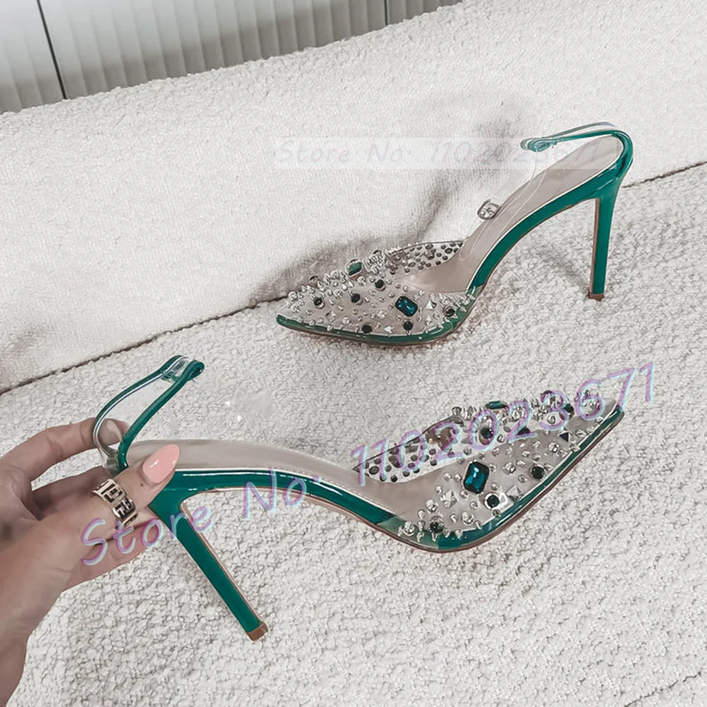 Clear Crystal Studded Pointy Toe Ankle Strap Sandals For Women