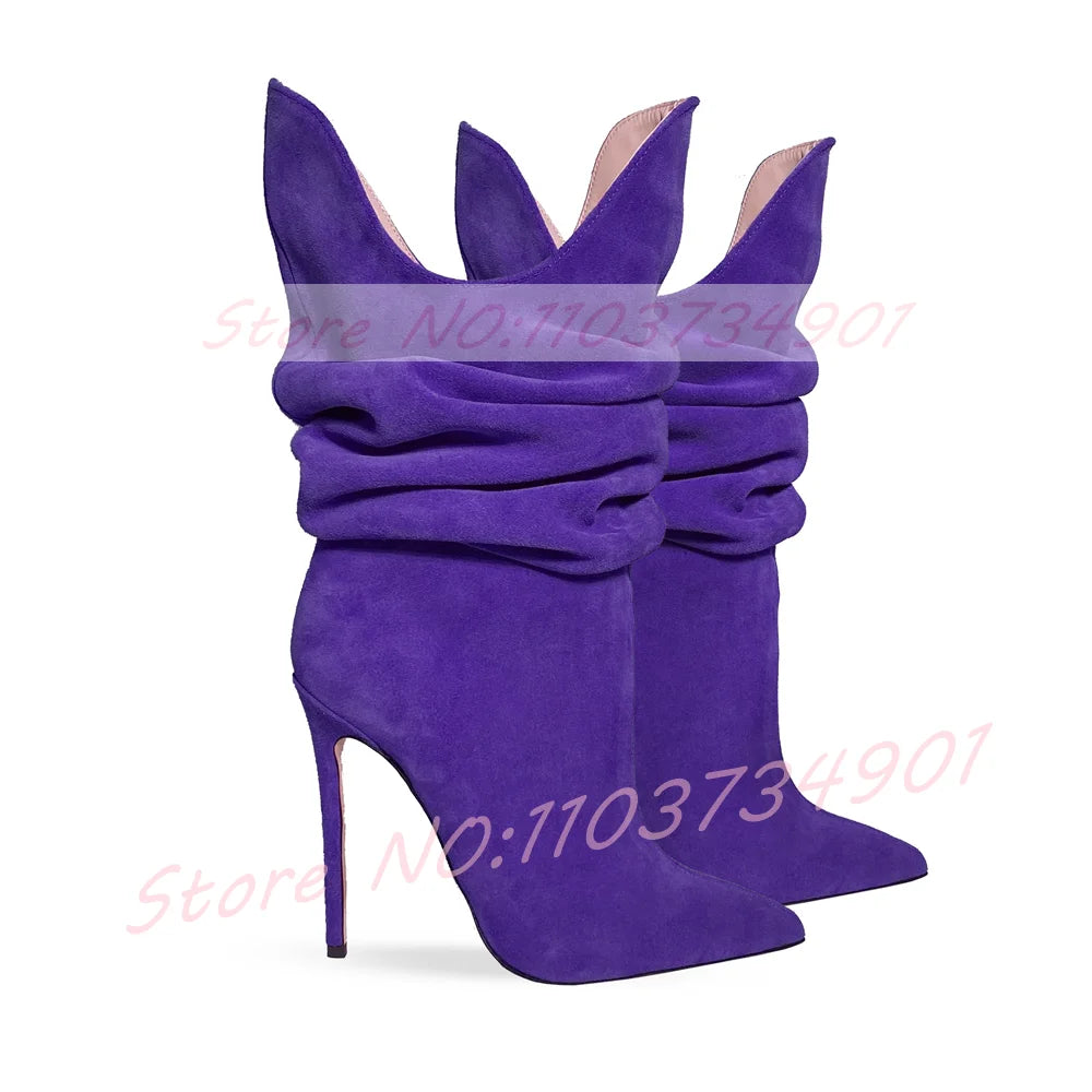 Fuchsia Pleated Pointy Toe High Heel Suede Ankle Boots For Women