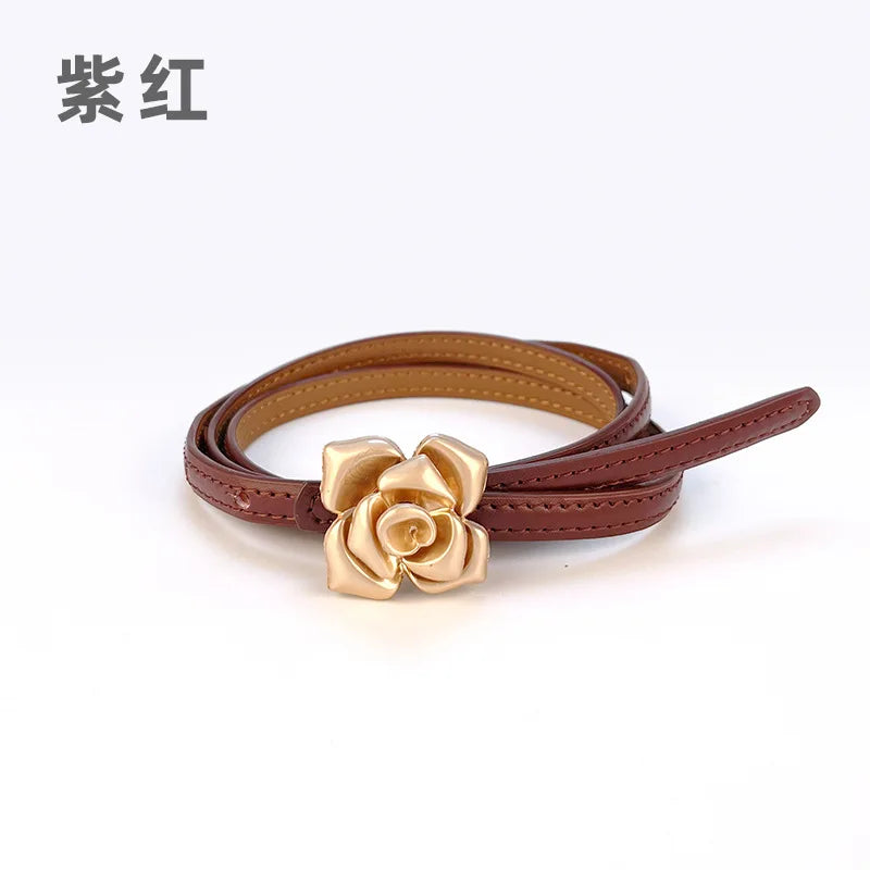 Double Sided Metal Flower Buckle Thin Belt for Women
