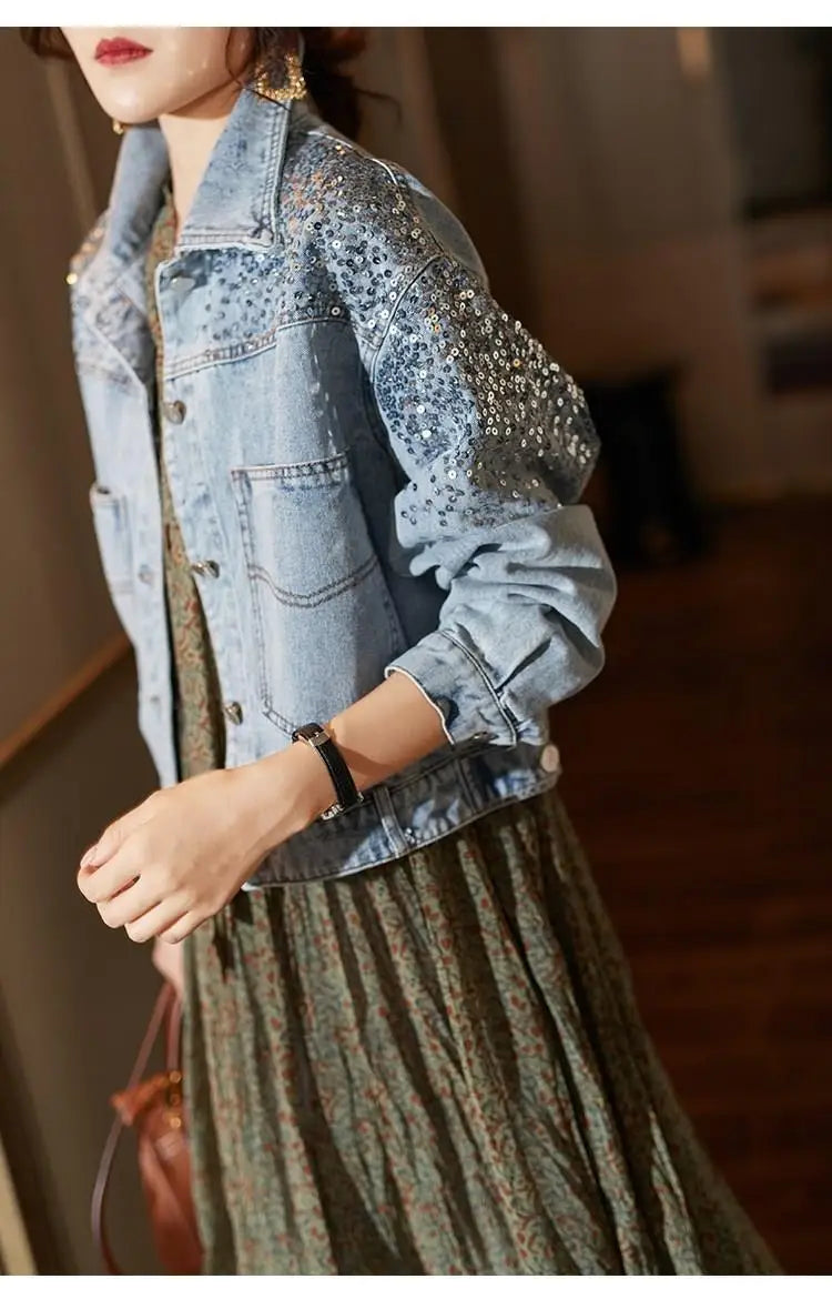 Sequin Embellished Short Denim Jacket for Women with Pockets