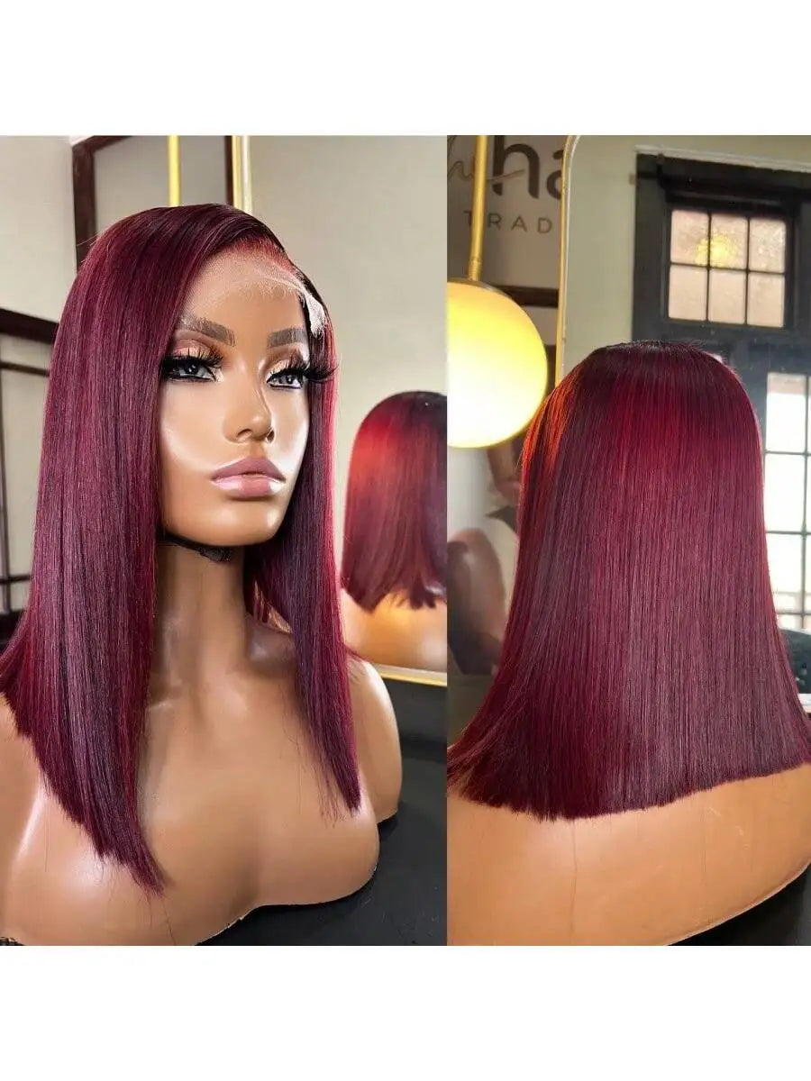 Elegant Burgundy Straight Lace Front Human Hair Bob Wig for Women