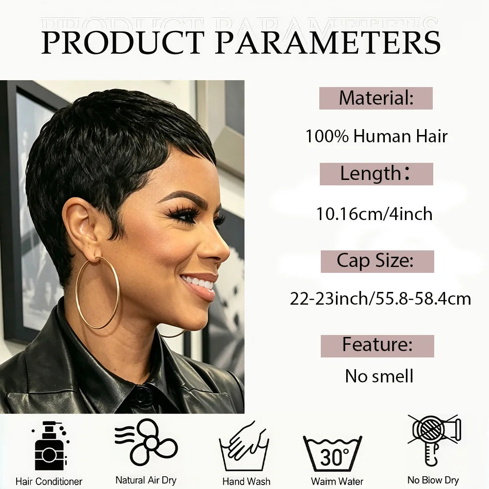 Short Pixie Cut Human Hair Wig With Bangs for Women