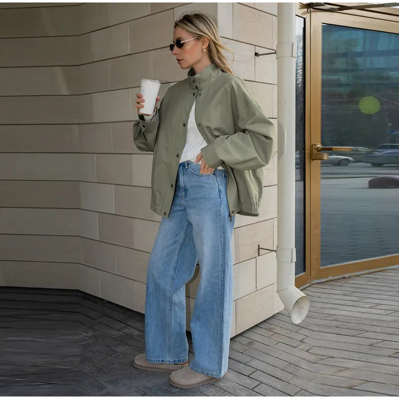 Elegant Stand Collar Single Breasted Jacket for Women