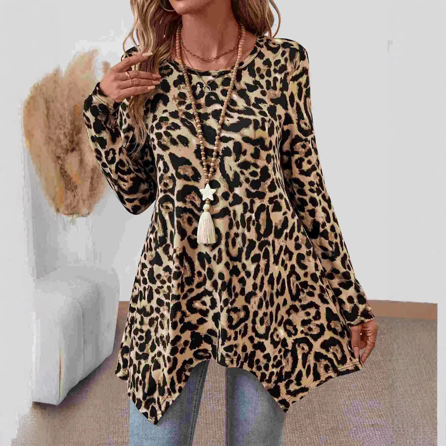 Women Leopard Print Tunic Top Long Sleeve Loose Fit Swing Blouse Irregular Hem Casual Flowy A-Line Shirt Streetwear