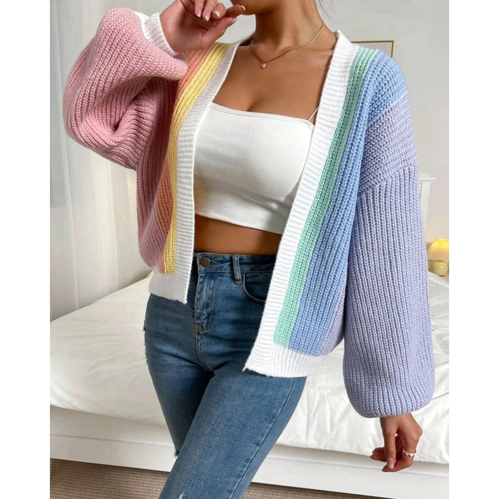 Autumn Women Rainbow Open Stitch Sweater Knitted Cardigan Fashion Long Sleeve Colorblock Striped Longline Casual Long Coat
