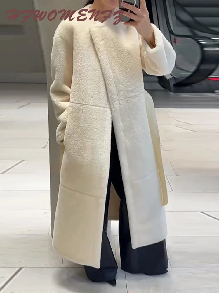 Lace Up Elegant White Faux Fur Long Coat for Women
