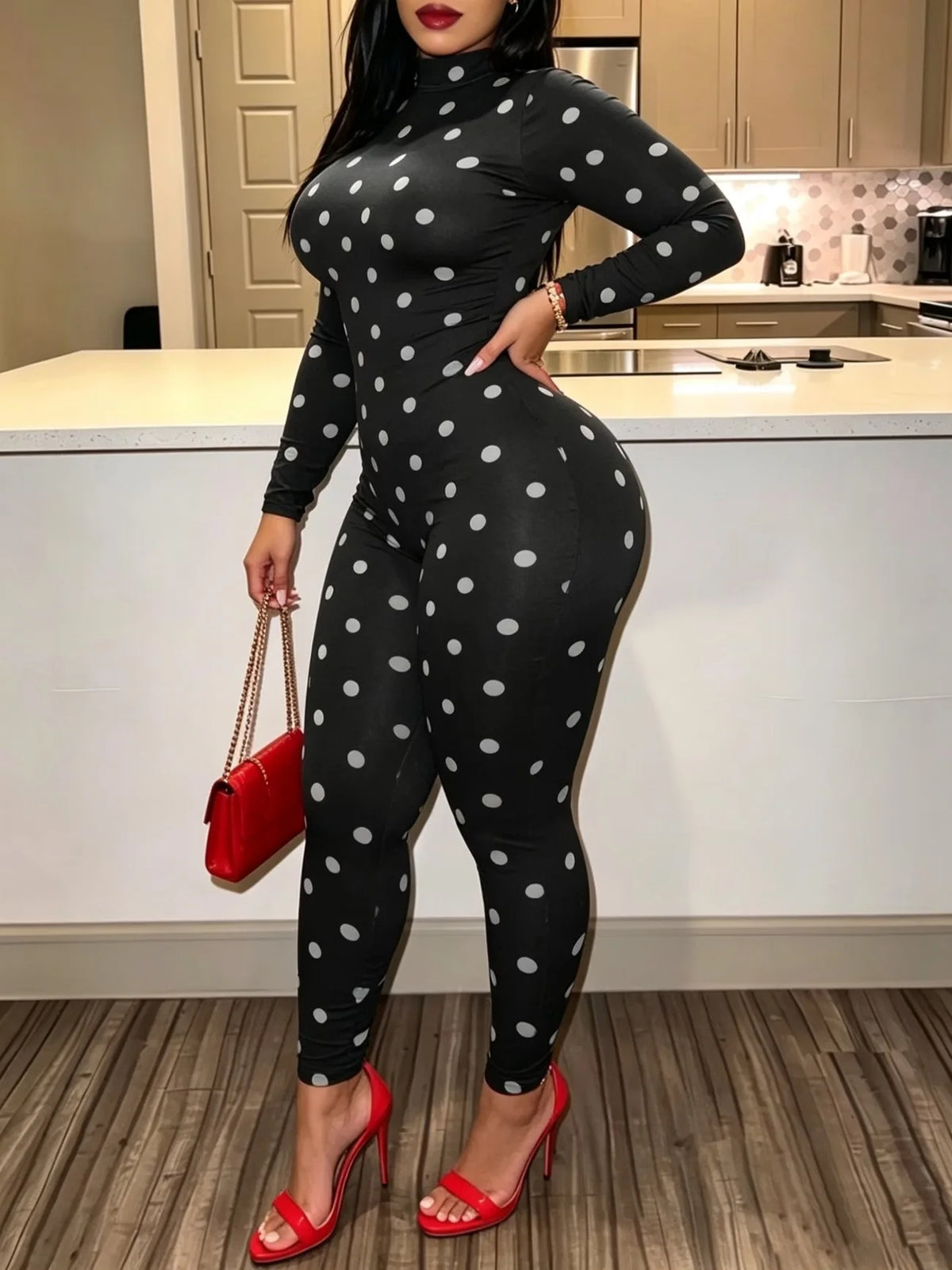 Polka Dot High Neck Long Sleeve Jumpsuit for Women
