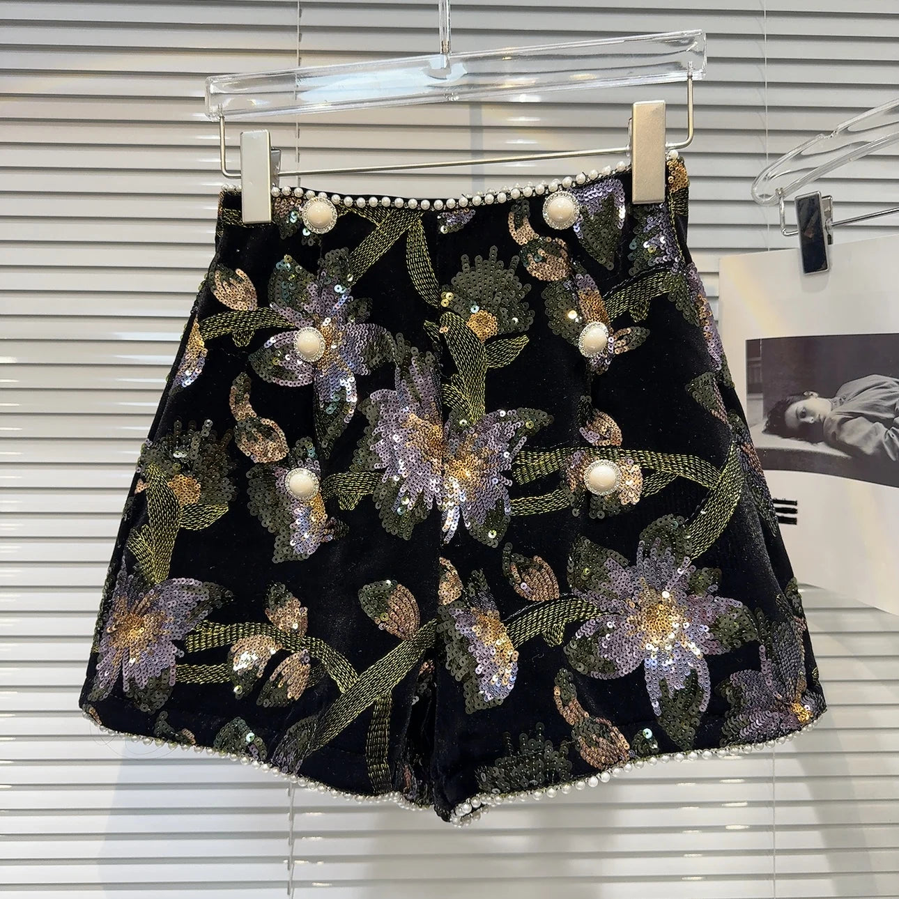 Sequined Embroidered Velvet Shorts