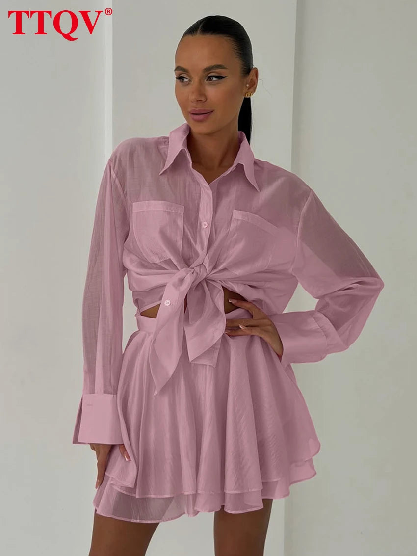 Elegant Long Sleeve Blouse and Pleated Mini Skirt Set for Women