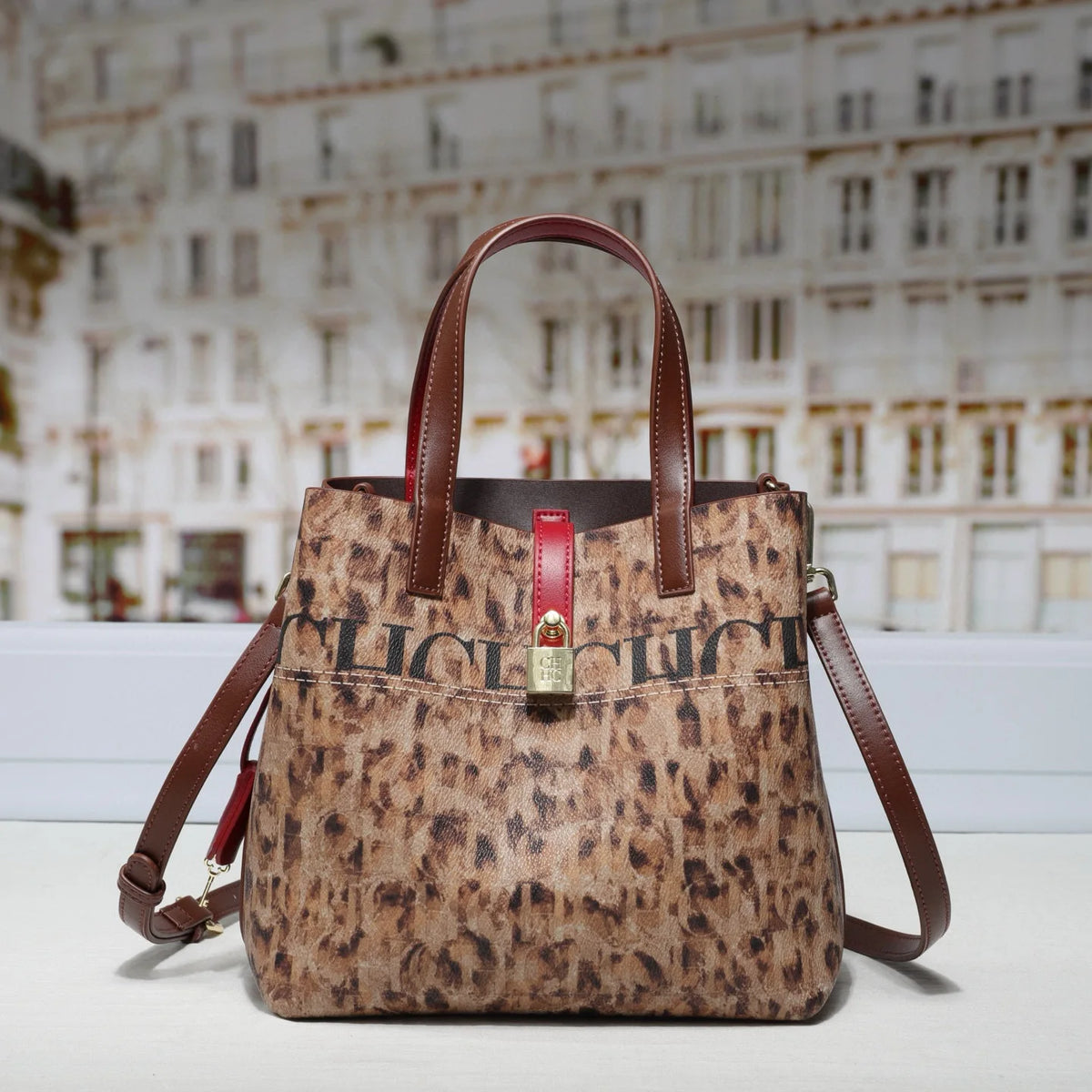Printed Faux Leather Bucket Shoulder Bag
