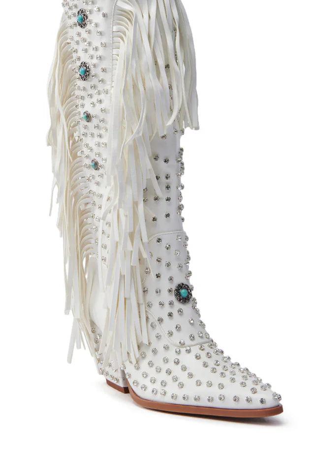 2025 Diamond Fringes Western Boots Women Sparkly Block High Heels Crystal Trim Shoes Ladies Winter Pointed Toe Knee High Boots