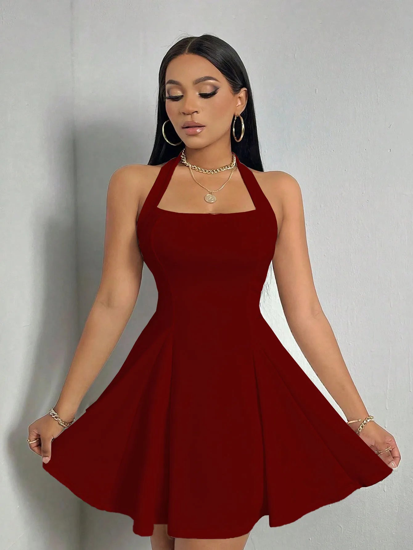 Womens Summer Sleeveless A-Line Skirt Sexy Mini Elegant Halter Neck High Waist Dress Party Club Evening Bodycon Dress 2024