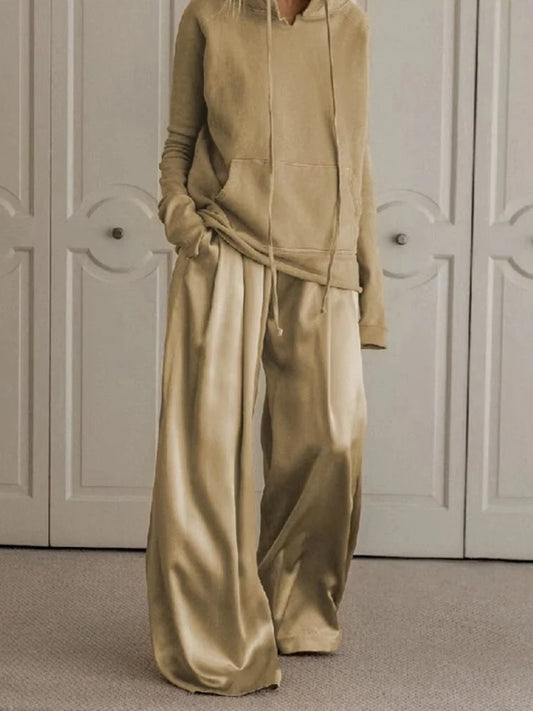 2025 Autumn Fashion Suit for Women Drawstring Hooded Sweatshirt and High Waist Wide Leg Pants Casual Pant Sets