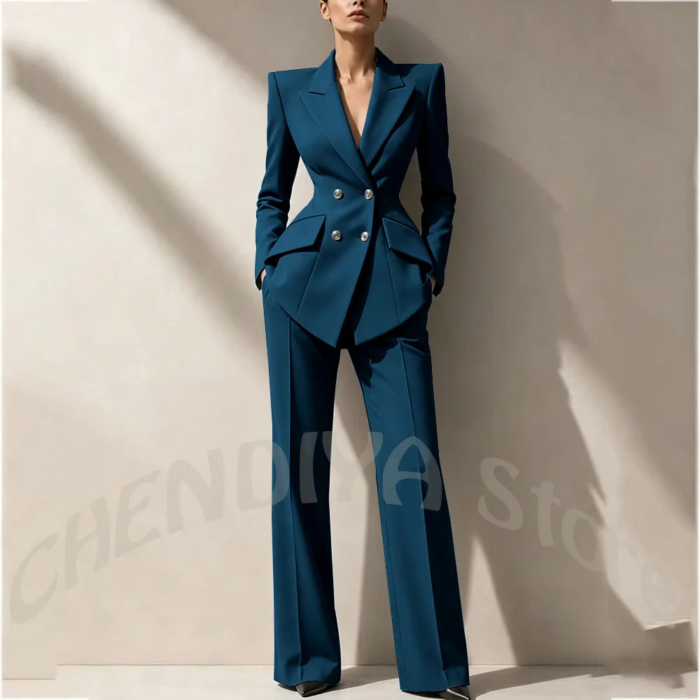 New Arrival Women's Two Piece Suit Peak Lapel Slim Fitted Classic Double Breasted Wedding Guest Evening Gala Party Female Set