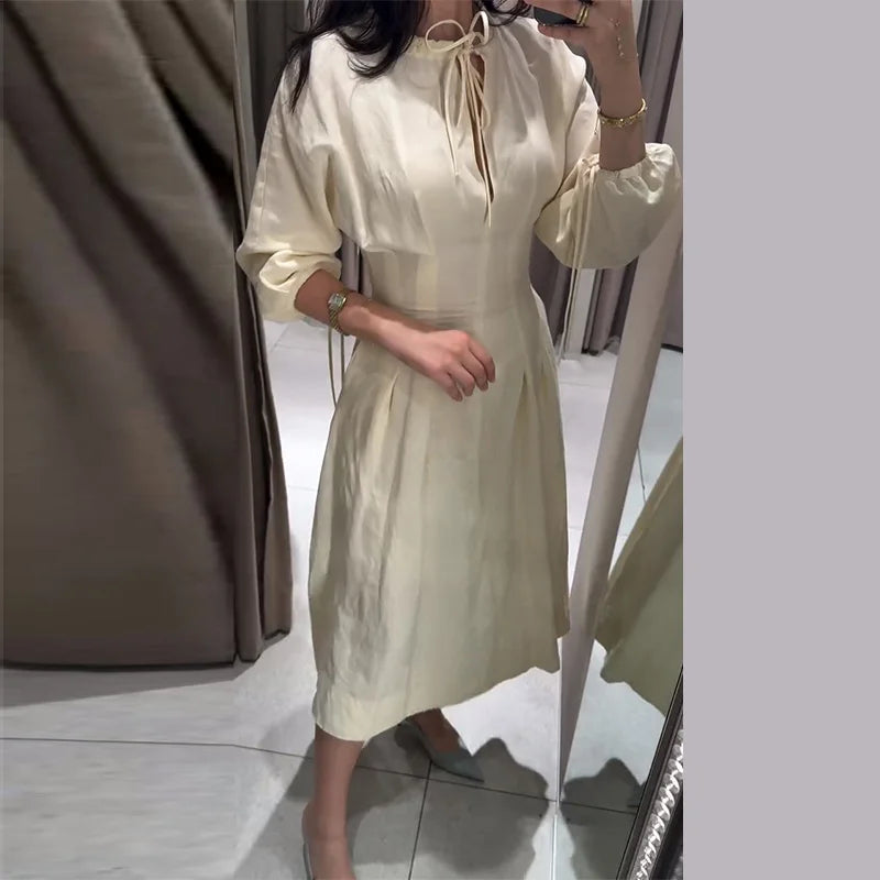 Lace Up Pleated Lantern Sleeve Midi Dress for Women