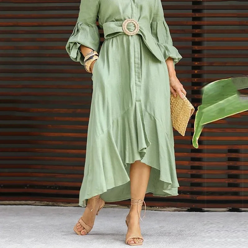 Casual Summer Dress With Turn Down Collar And Pockets for Women