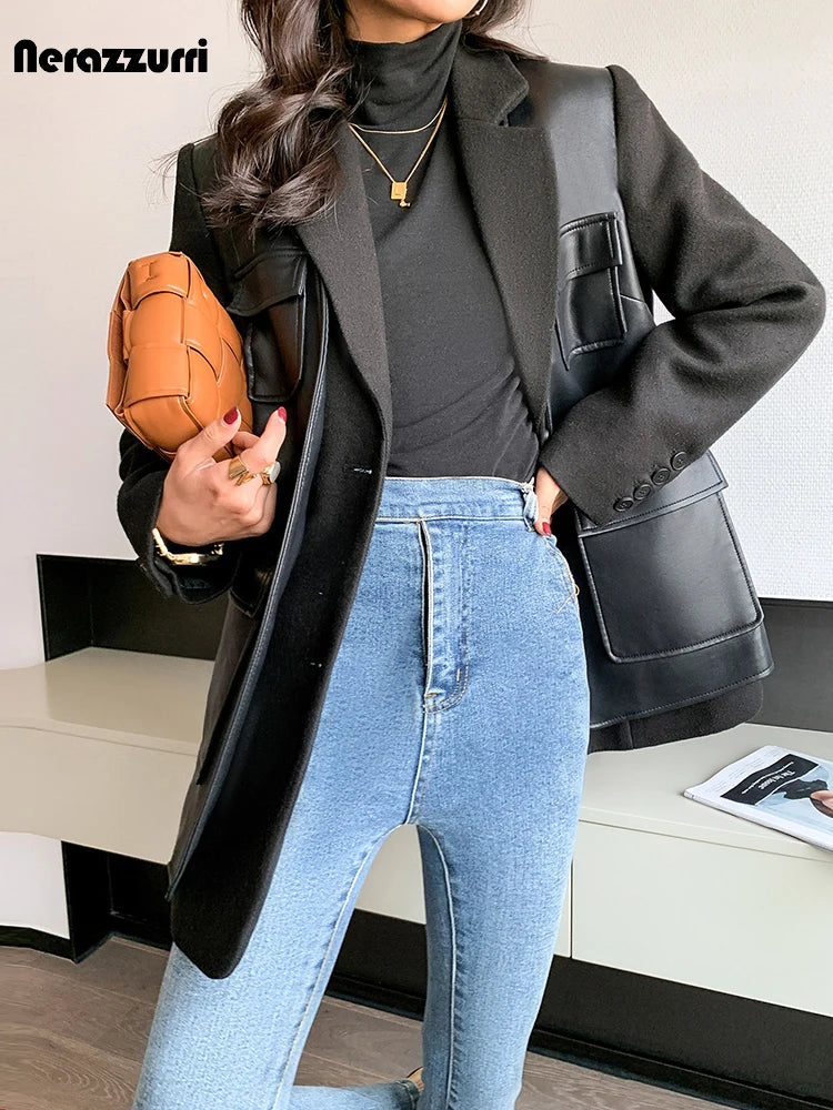 Black Patchwork Faux Leather Jacket With Pockets For Women