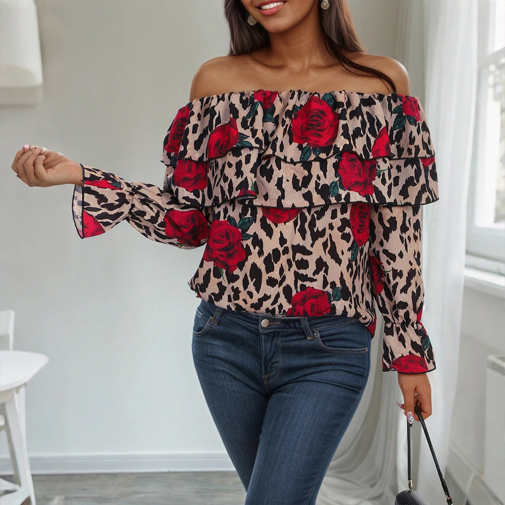 Women's Sexy Leopard Floral Printed Slash Neck Chiffon Blouse Autumn Spring Ladies Ruffle Casual Holiday Tops Size S-2XL