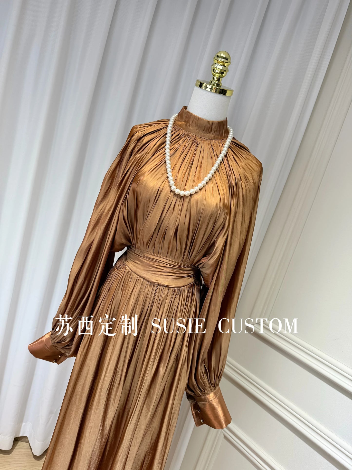 French Retro Palace Stand Collar Pleated Waist Tie Lantern Sleeves Large Swing Long Dress High Waist Elegant Vacation Dress