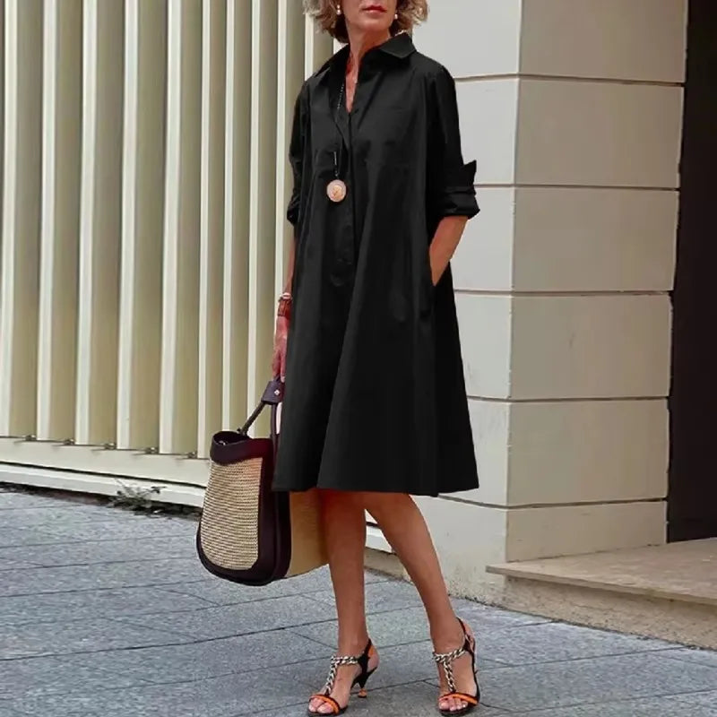 Yeezzi 2025 New Women's Lapel Shirts Dress Fashion Simple Solid Color Long Sleeves Loose H-line Casual Office Midi Dresses