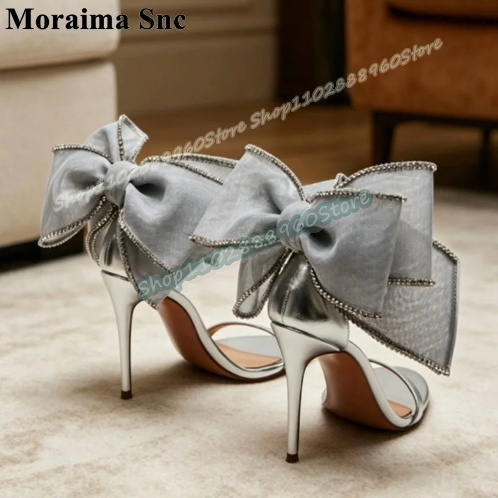 Elegant Silver Bowknot Open Toe High Heel Sandals for Women