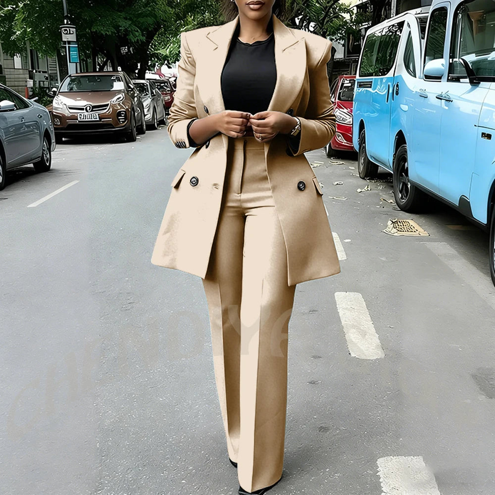 High Quality Women Suits Double Breasted Straight Formal 2 Piece Jacket Pants Peak Lapel High Street Daily Office Casual Suit