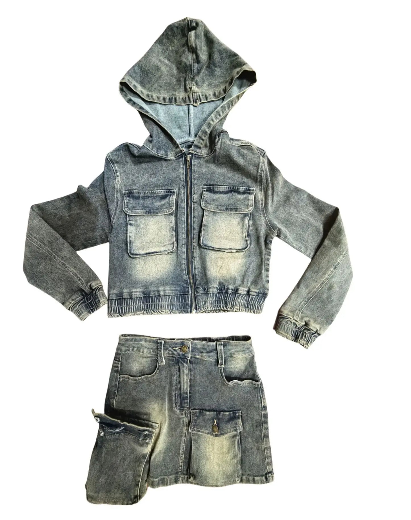 Retro Denim Patchwork Cargo Two Piece Set for Women
