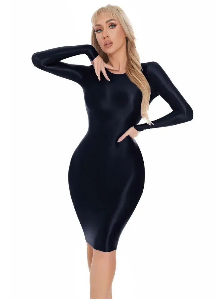 Shiny Long Sleeve Fitted Bodycon Midi Dress for Women