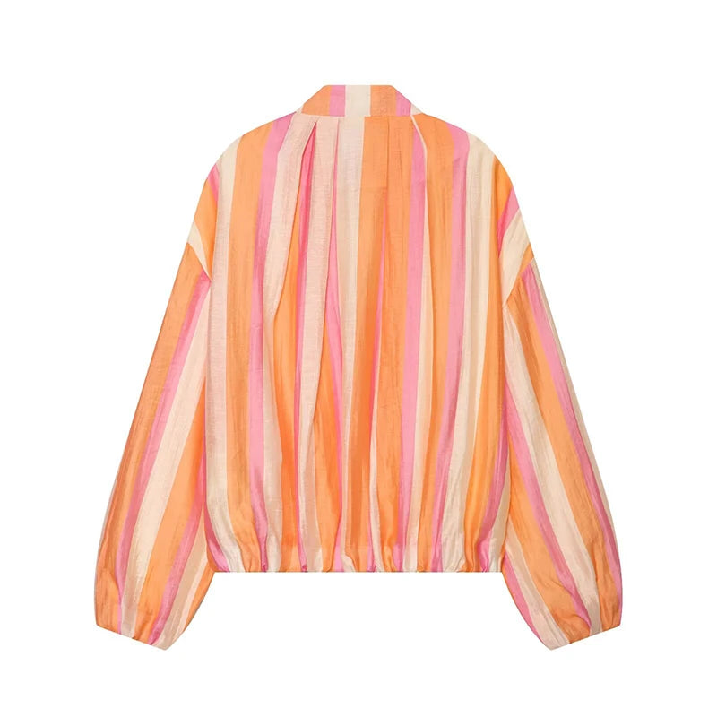 Elegant Striped with Stand Collar Jacket for Women