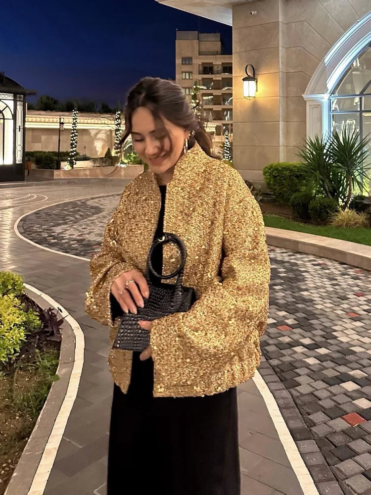 Suninheart Women's Sequined Bomber Jacket Fall O Neck Long Sleeve Pocket Stretch Hem Sequins Jacket Coat Female Chic Outerwear