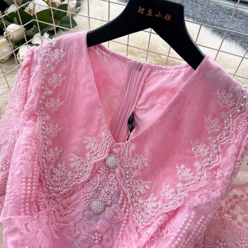 Elegant Lace Embroidery A Line Midi Dress for Women