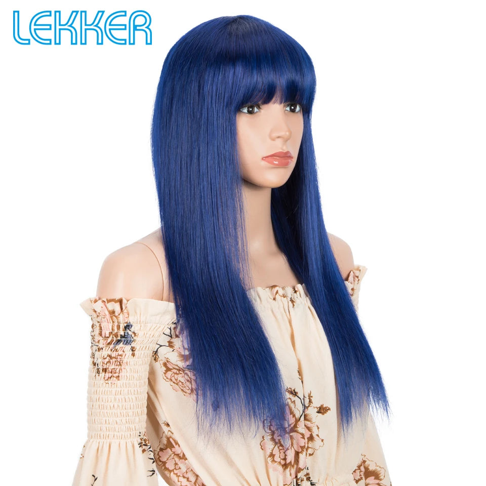 Blue Long Straight Human Hair Wig With Bangs for Women