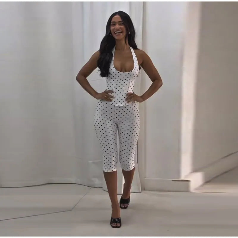 Polka Dot Halter Corset Top and Cropped Pants Set for Women