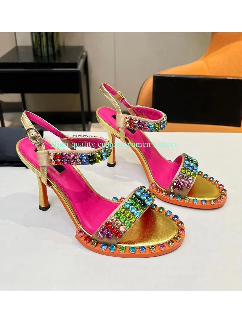 Elegant Rainbow Rhinestone Embellished Sandals for Women