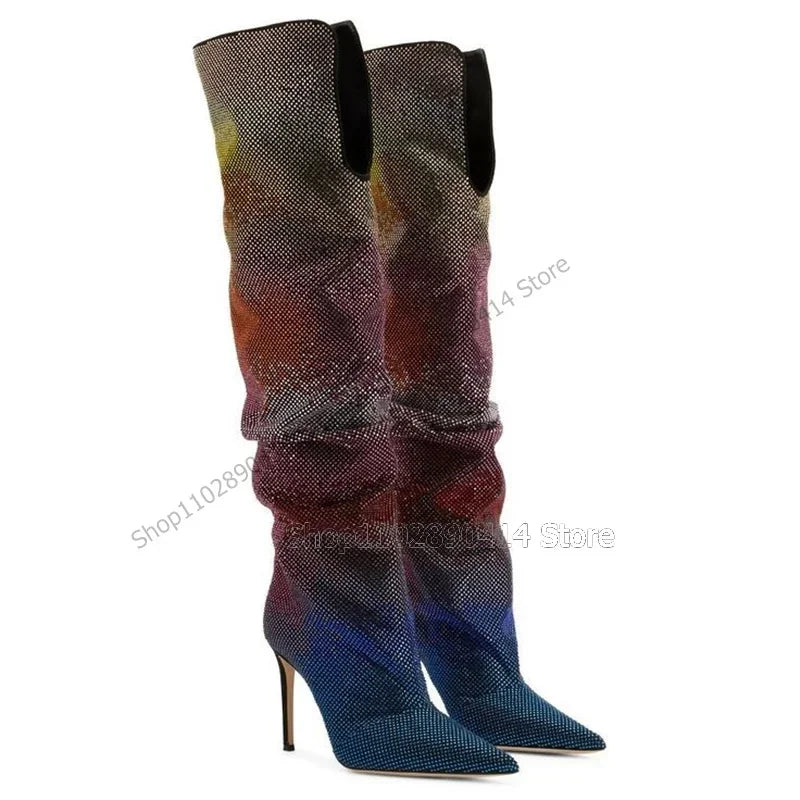 Colorful Crystal Pointed Toe Knee High Stiletto Boots for Women