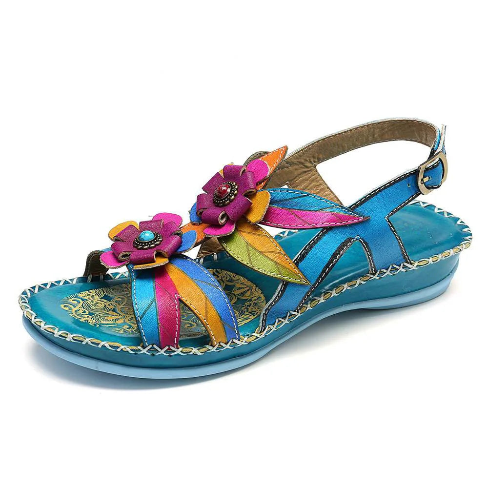Retro Handmade Leather Wedge Sandals With Mixed Colors for Women