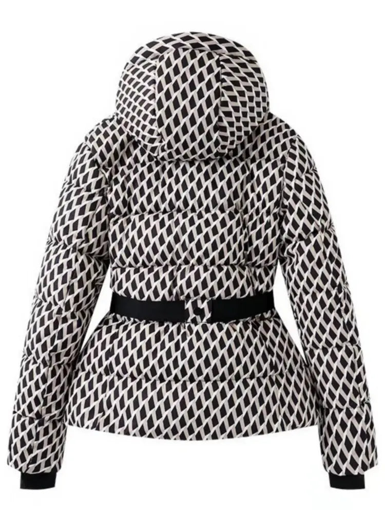 Hooded Windproof Padded Jacket And Pants Set With Belt for Women
