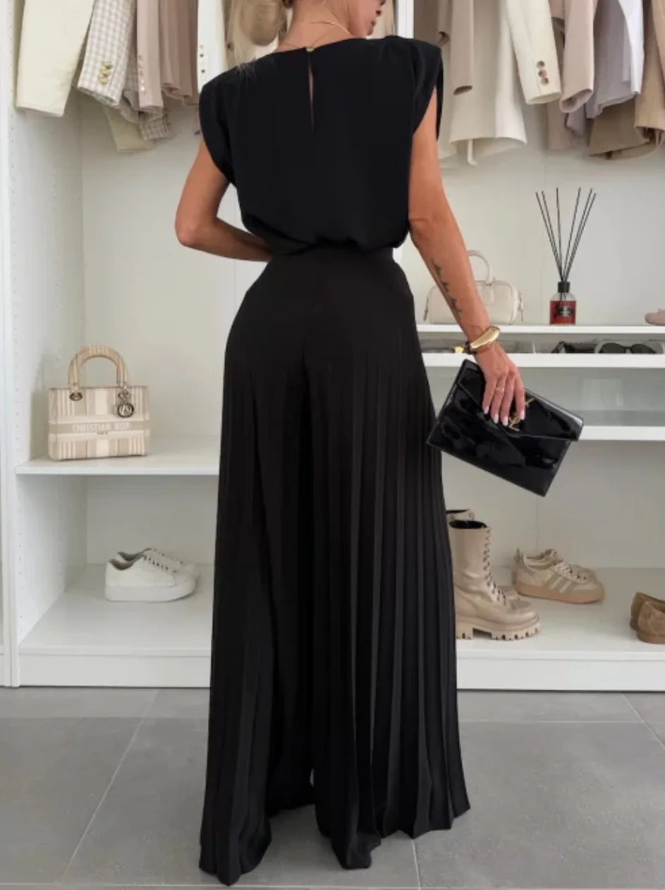 Pleated Sleeveless O Neck Top Wide Leg Pants Two Piece Suit for Women
