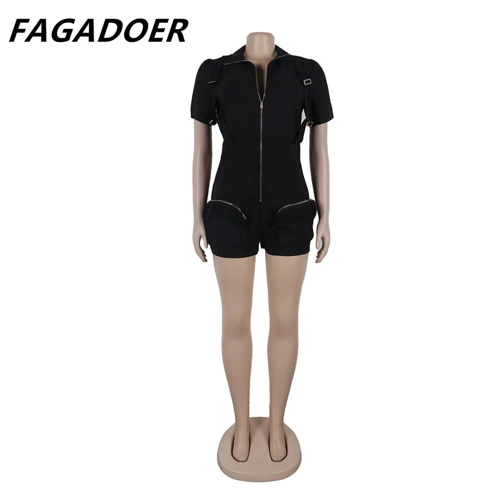 Solid Color Pocket Cargo Short Sleeve V Neck Romper for Women