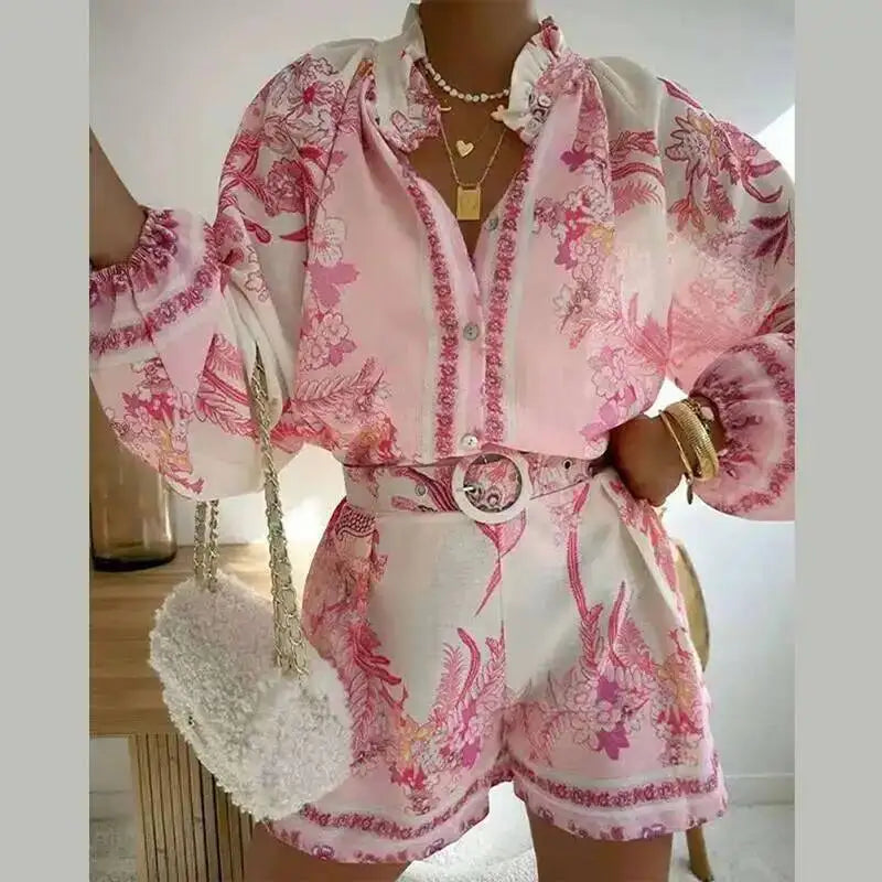 Casual Print Relaxed Fit Top and Shorts Set for Women